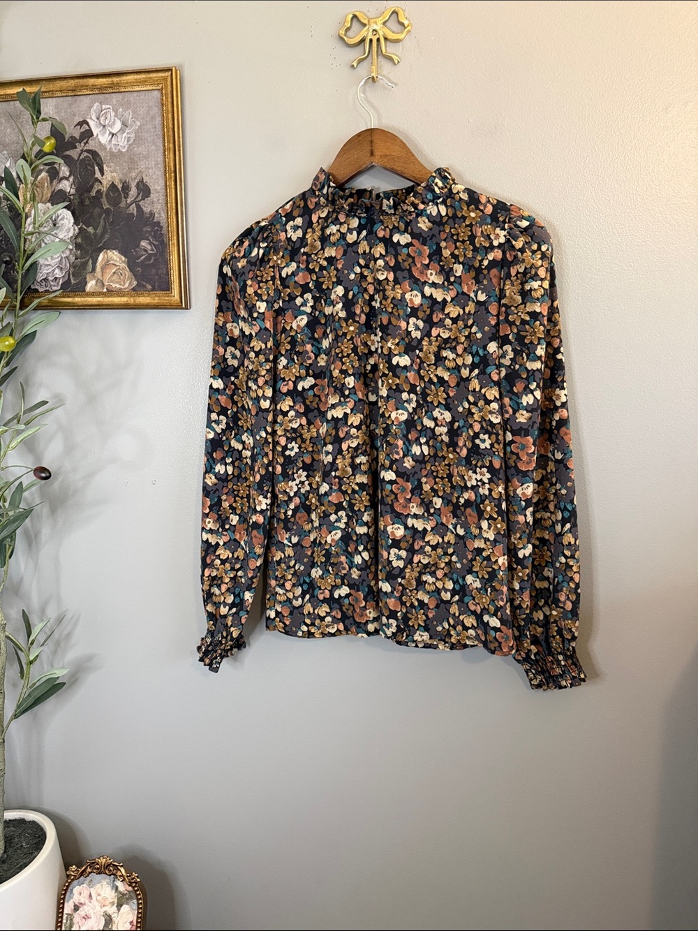 Les Amis Floral Mock Neck Blouse Small | Smocked Cuffs Cottagecore Boho Fall - Picture 2 of 8